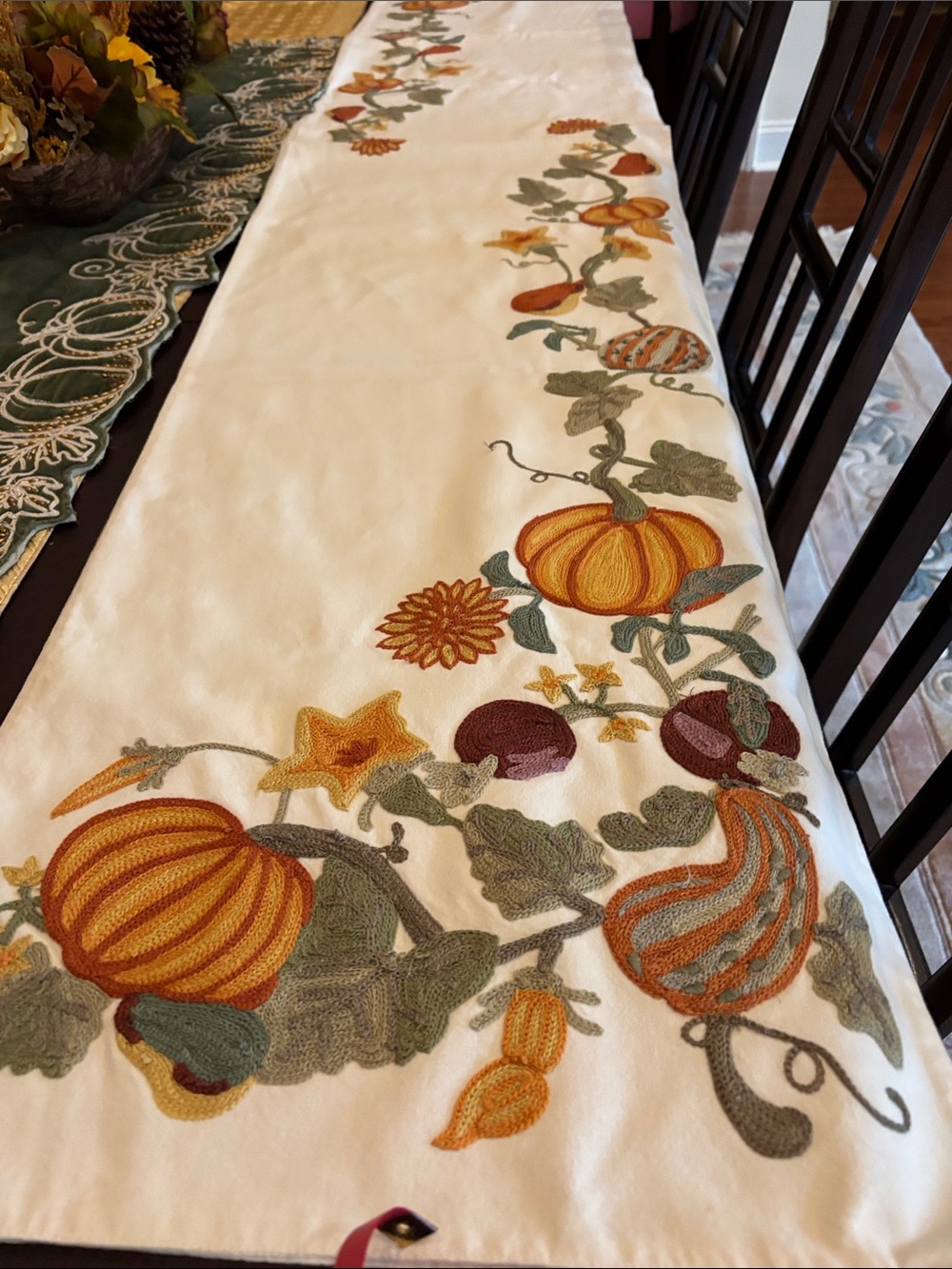 Pottery Barn Embroidered Pumpkin Table Runner - White, Orange, Green